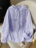 Detail view of Elegant Plus Size Striped Hooded Shirt  for Summer and Autumn - Lightweight & Stylish for everyday styling