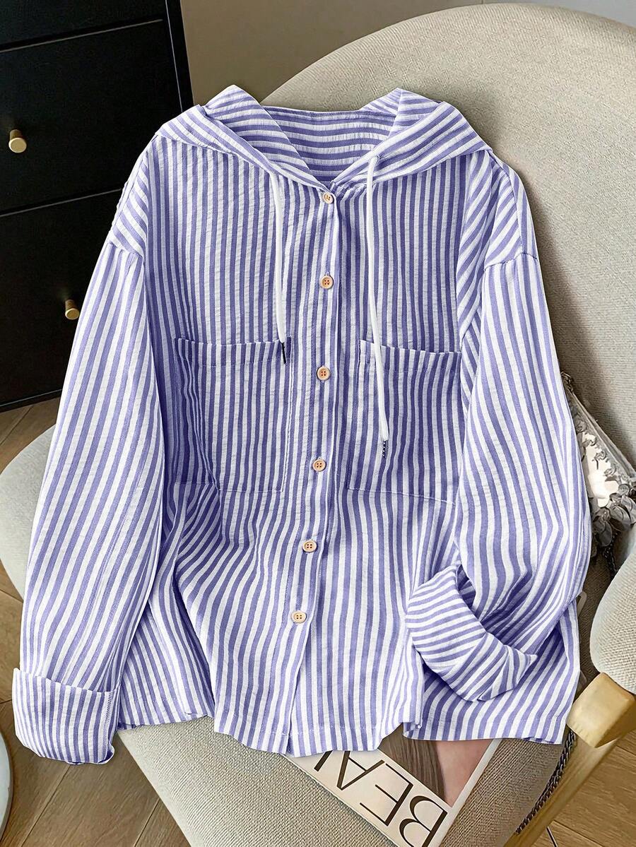 Detail view of Elegant Plus Size Striped Hooded Shirt  for Summer and Autumn - Lightweight & Stylish for everyday styling