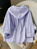 Detail view of Elegant Plus Size Striped Hooded Shirt  for Summer and Autumn - Lightweight & Stylish for everyday styling