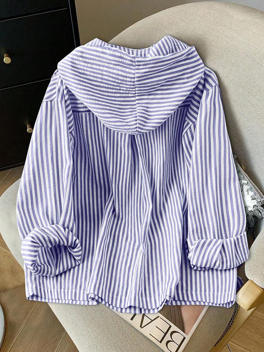 Detail view of Elegant Plus Size Striped Hooded Shirt  for Summer and Autumn - Lightweight & Stylish for everyday styling