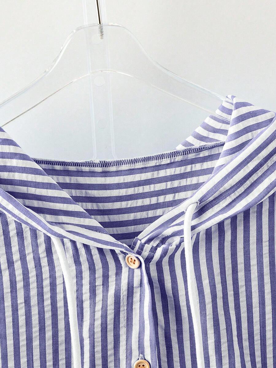 Detail view of Elegant Plus Size Striped Hooded Shirt  for Summer and Autumn - Lightweight & Stylish for everyday styling