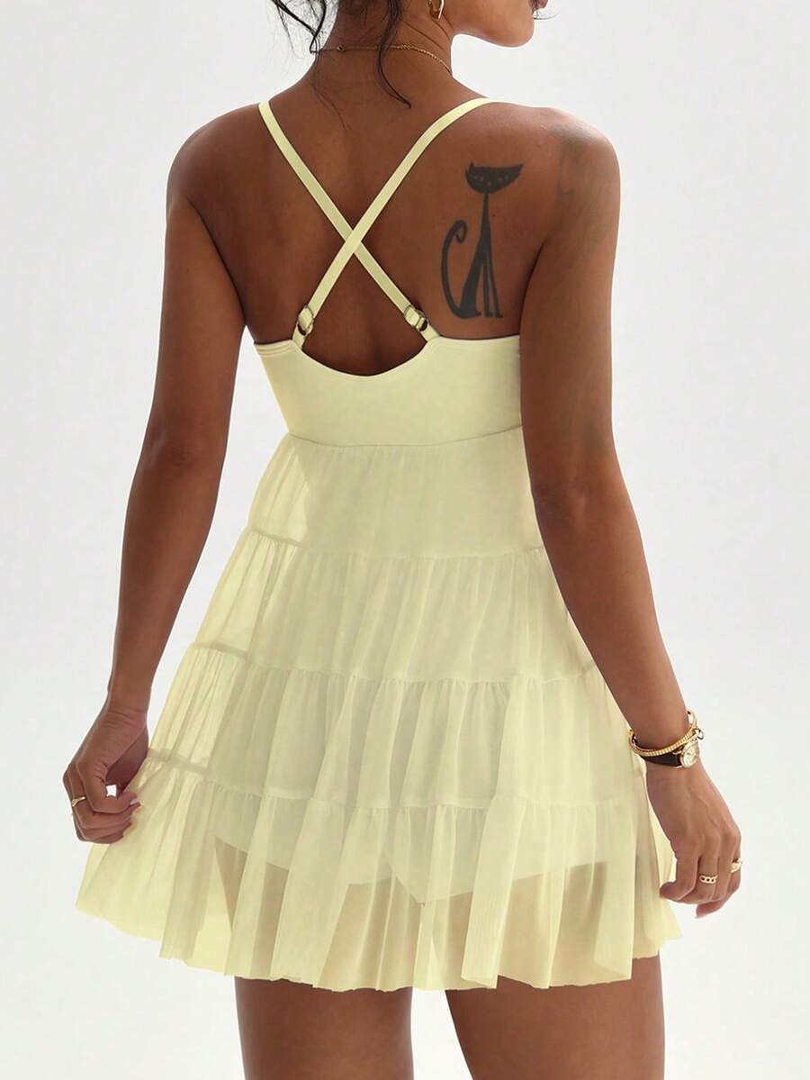 adjustable spaghetti strap mesh ruffle mini sports dress with built in pocket shorts image 18