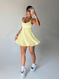adjustable spaghetti strap mesh ruffle mini sports dress with built in pocket shorts image 19
