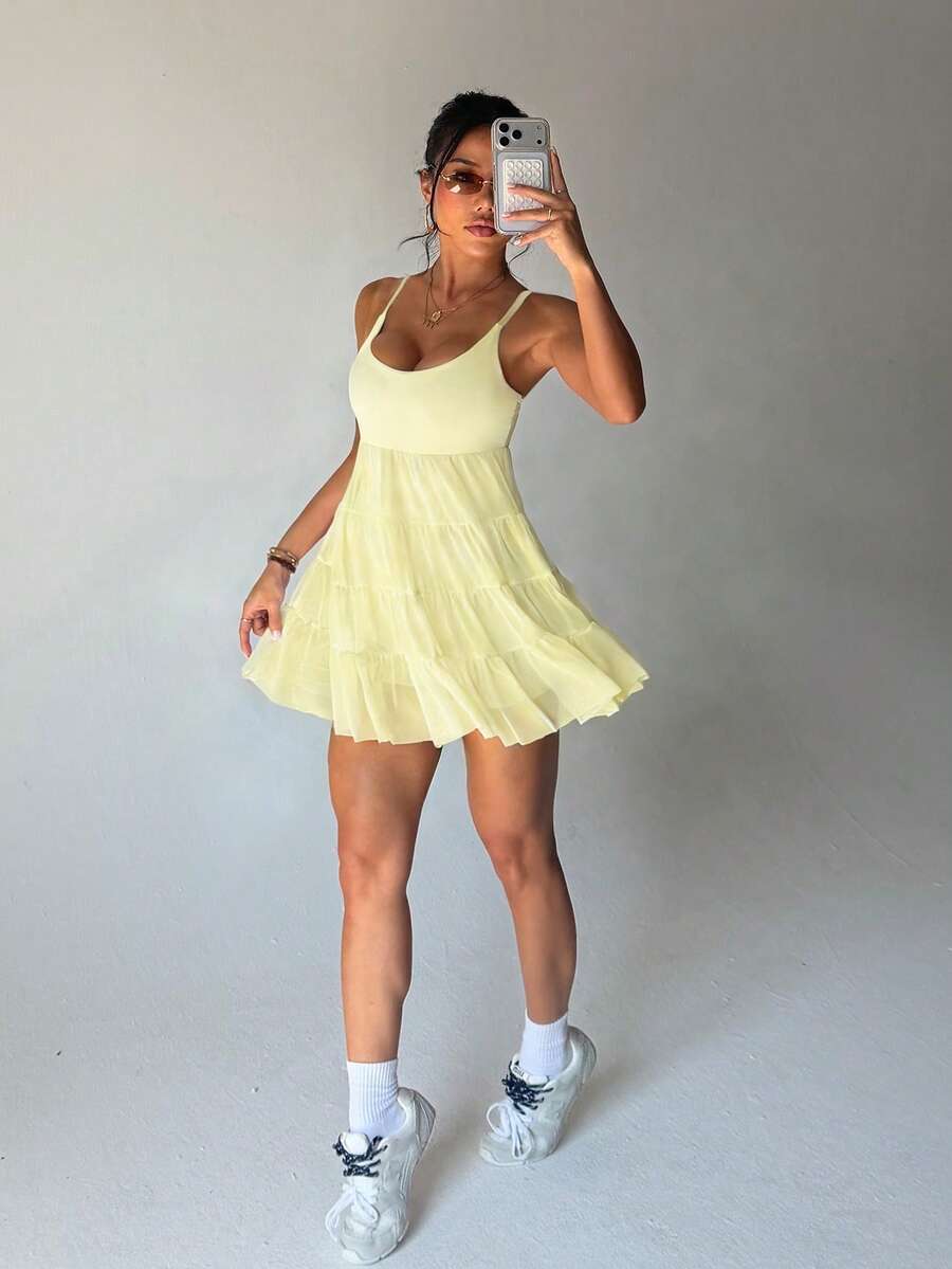 adjustable spaghetti strap mesh ruffle mini sports dress with built in pocket shorts image 19