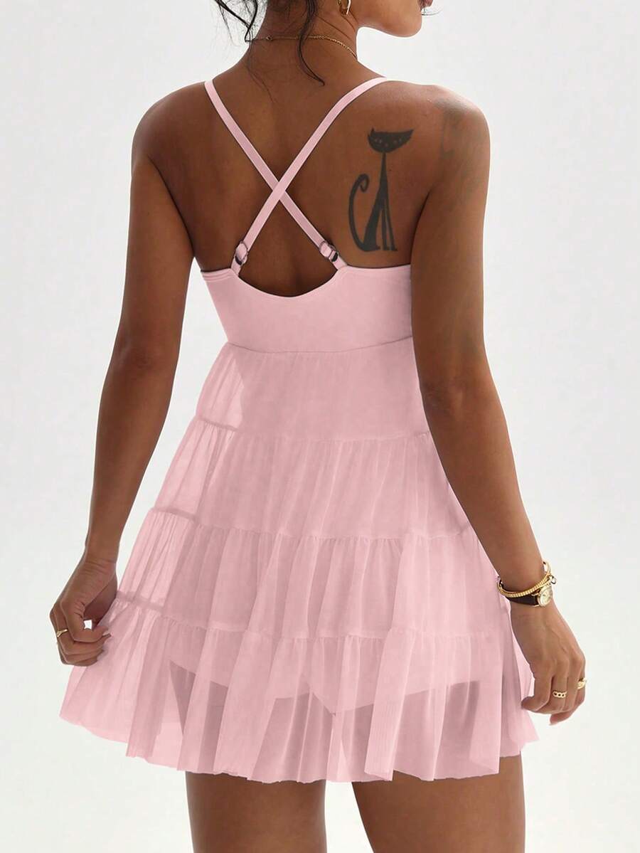 adjustable spaghetti strap mesh ruffle mini sports dress with built in pocket shorts image 2
