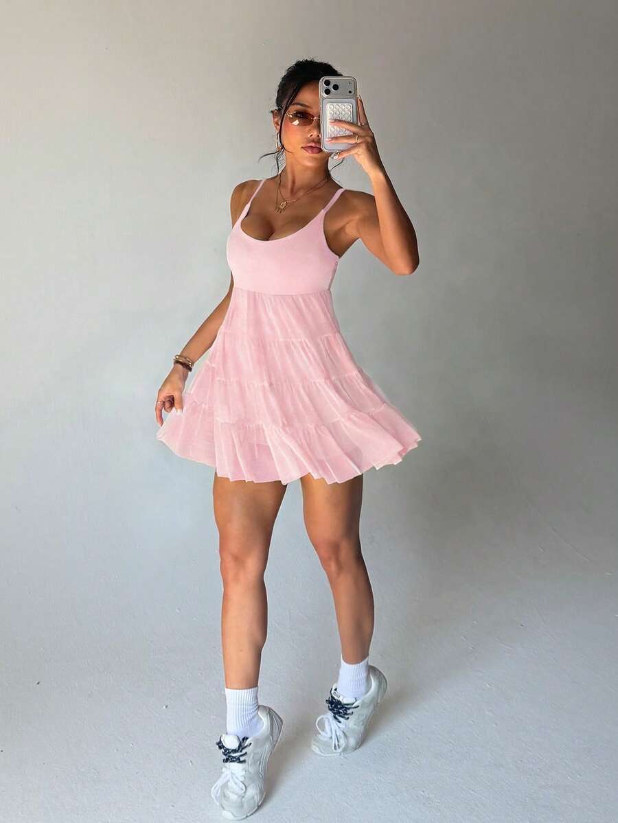 adjustable spaghetti strap mesh ruffle mini sports dress with built in pocket shorts image 3