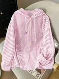 Detail view of Elegant Plus Size Striped Hooded Shirt  for Summer and Autumn - Lightweight & Stylish for everyday styling