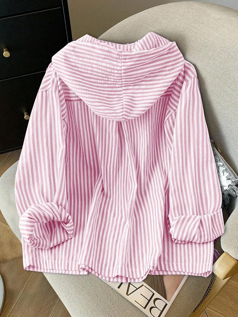 Detail view of Elegant Plus Size Striped Hooded Shirt  for Summer and Autumn - Lightweight & Stylish for everyday styling