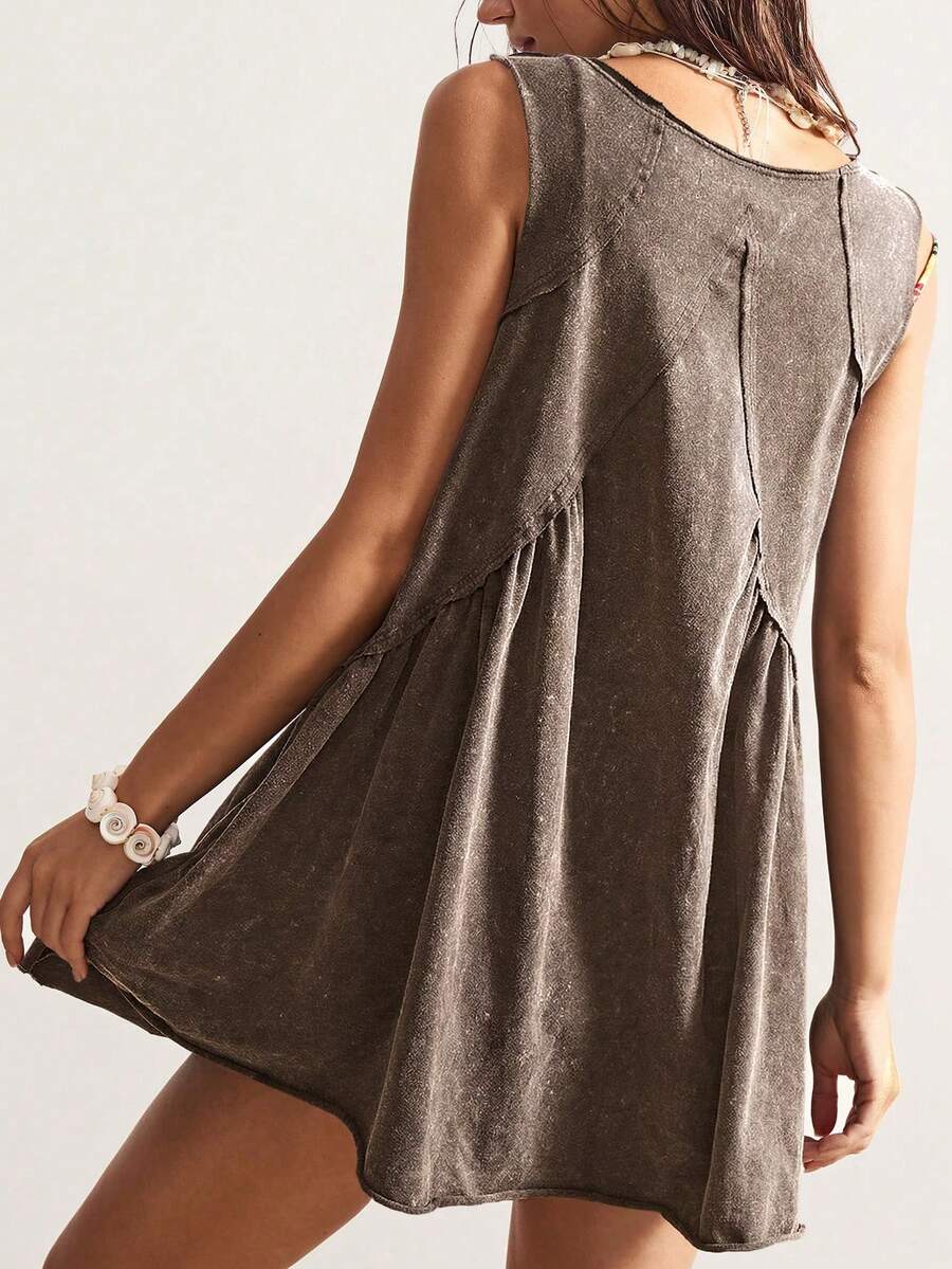 Taupe mineral-wash sleeveless mini dress with deep V-neck raw seams and gathered skirt