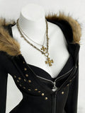 Front view of black corset-style hoodie with faux-fur hood cross chains and heart zipper pull