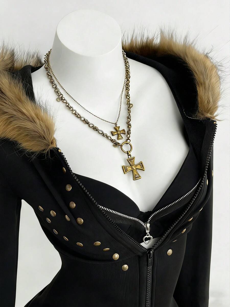 Front view of black corset-style hoodie with faux-fur hood cross chains and heart zipper pull