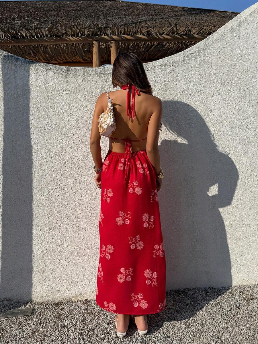 Pink floral halter dress with open back