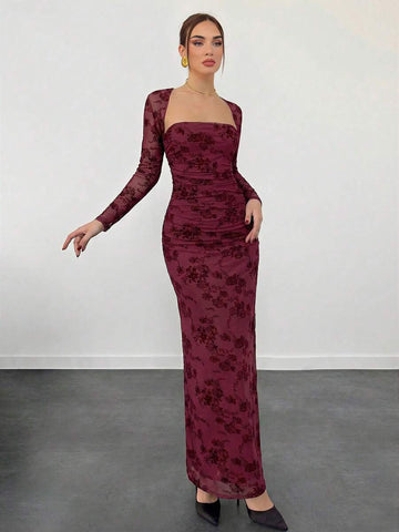 Elegant Velvet Jacquard Bodycon Dress for Women - Perfect for Autumn, Winter, and Romantic Occasions