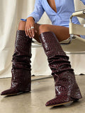 Side view of Punk Goth Mid-Calf Motorcycle Boots with Chunky High Heels - Fashionable Slouched Ruched Style for Women for punk motorcycle boot styling