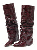 Front view of Punk Goth Mid-Calf Motorcycle Boots with Chunky High Heels - Fashionable Slouched Ruched Style for Women for punk motorcycle boot styling