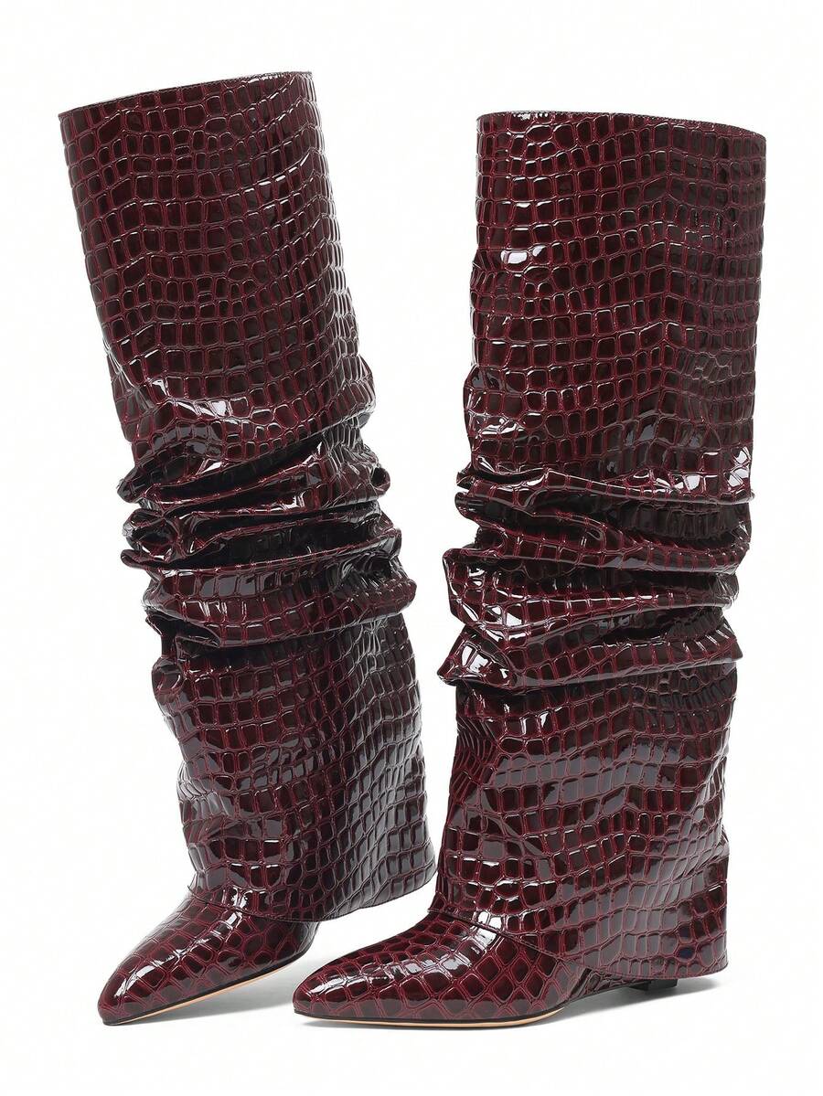 Front view of Punk Goth Mid-Calf Motorcycle Boots with Chunky High Heels - Fashionable Slouched Ruched Style for Women for punk motorcycle boot styling