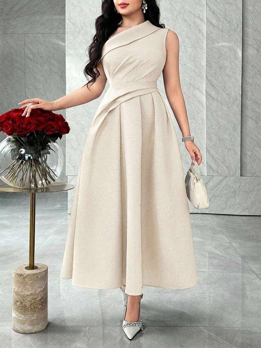 Front view of ivory asymmetric ruched A-line midi dress in marble interior