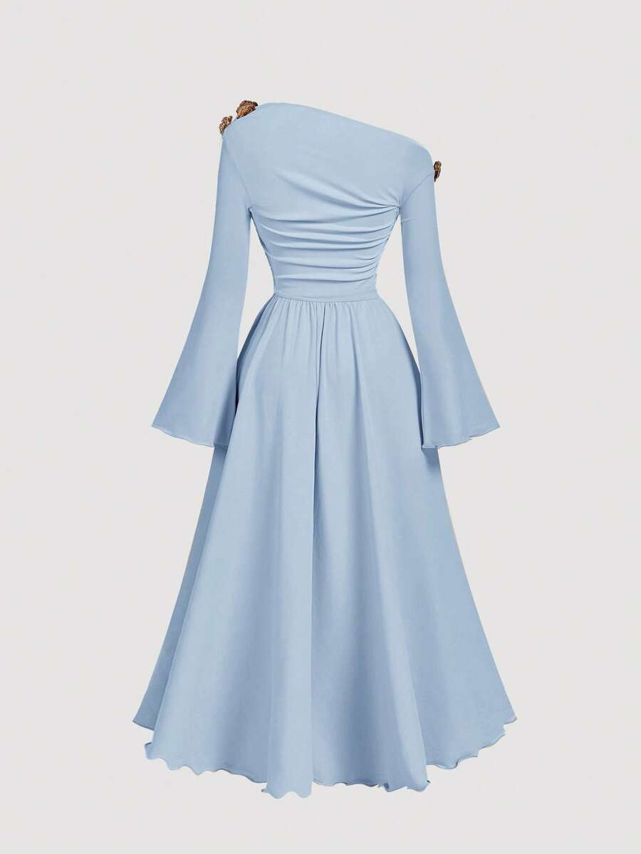 Elevate your autumn wardrobe with this stunning apricot asymmetric one-shoulder midi dress. Designed for sophisticated elegance, this A-line silhouette features a flattering ruched bodice and graceful flared hem that moves beautifully with every step. The asymmetrical neckline and one-shoulder design create a modern, eye-catching look perfect for weddings, formal events, and special celebrations. Crafted from a premium knitted fabric blend of 94% polyester and 6% elastane