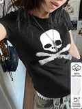 Front worn view of black crew-neck T-shirt with skull and crossed rifles graphic