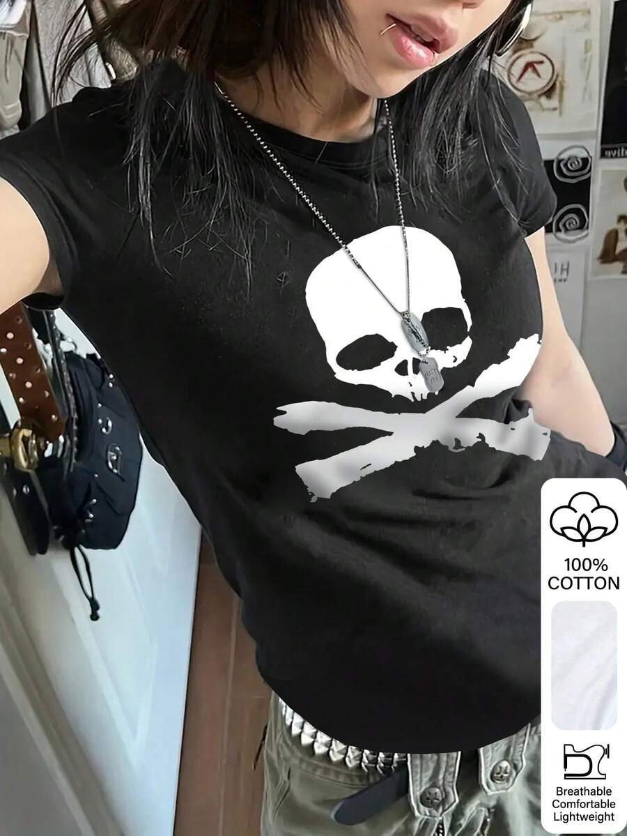 Front worn view of black crew-neck T-shirt with skull and crossed rifles graphic