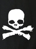 Close-up of white skull and crossed rifles print on black graphic T-shirt