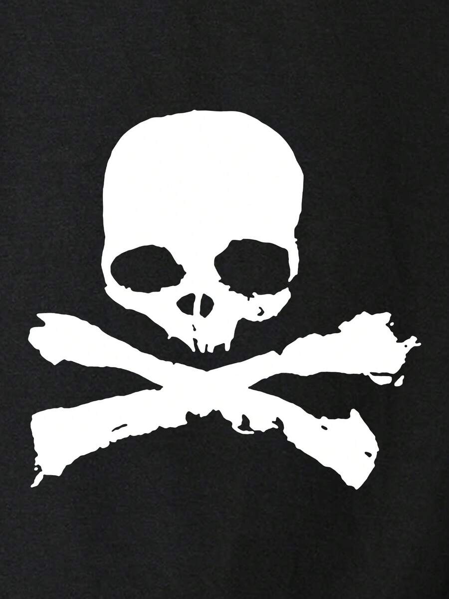 Close-up of white skull and crossed rifles print on black graphic T-shirt