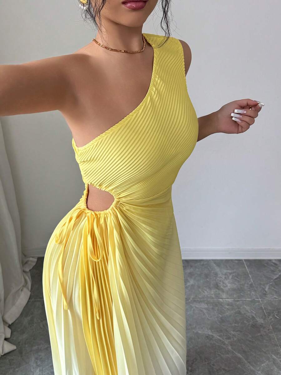 Elevate your wardrobe with this stunning yellow sleeveless dress that combines modern sophistication with effortless style. The asymmetrical neckline creates a flattering, contemporary silhouette, while delicate pleating adds texture and dimension throughout. The ombre effect transitions beautifully across the fabric, giving you a dynamic look that works for both casual outings and special occasions.