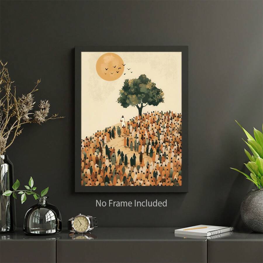 Front view of Jesus and crowd canvas wall art beneath a green tree and ochre sun, shown in light frame mockup