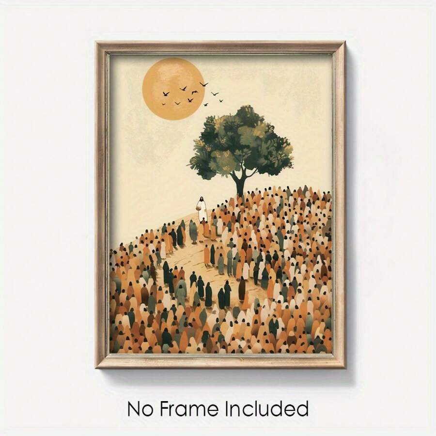 Close view of portrait Jesus Bible-story wall art in a light frame with cream sky and ochre sun