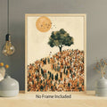 Room view of religious canvas print on gray wall beside a pendant lamp and decorative vase