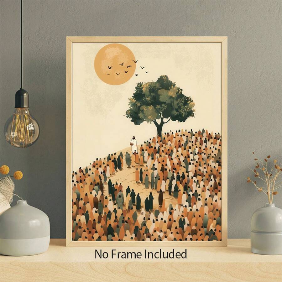 Room view of religious canvas print on gray wall beside a pendant lamp and decorative vase