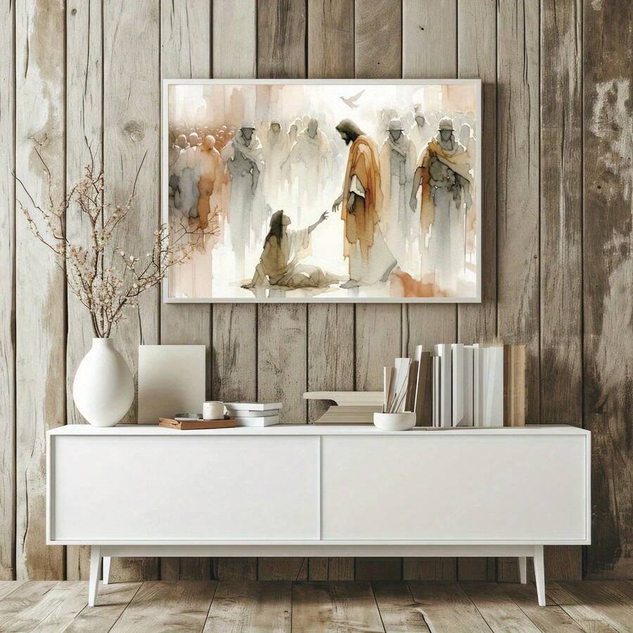 Front close view of framed watercolor Jesus scene with a seated figure and crowd, white frame on rustic wood