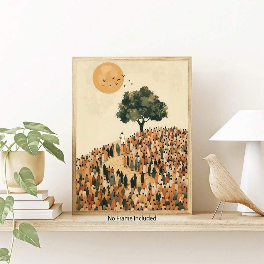 Shelf display of Jesus and crowd canvas print with leafy plant and white lamp in bright room
