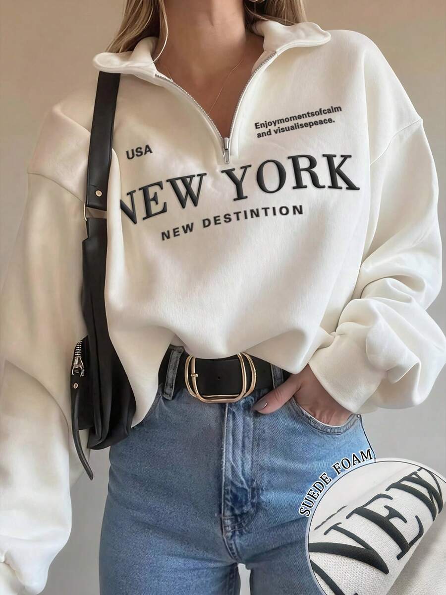 Image 1 - front view of Stylish Logo Long Sleeve Sweatshirt with Turndown Collar in Navy Blue for Autumn Fashion