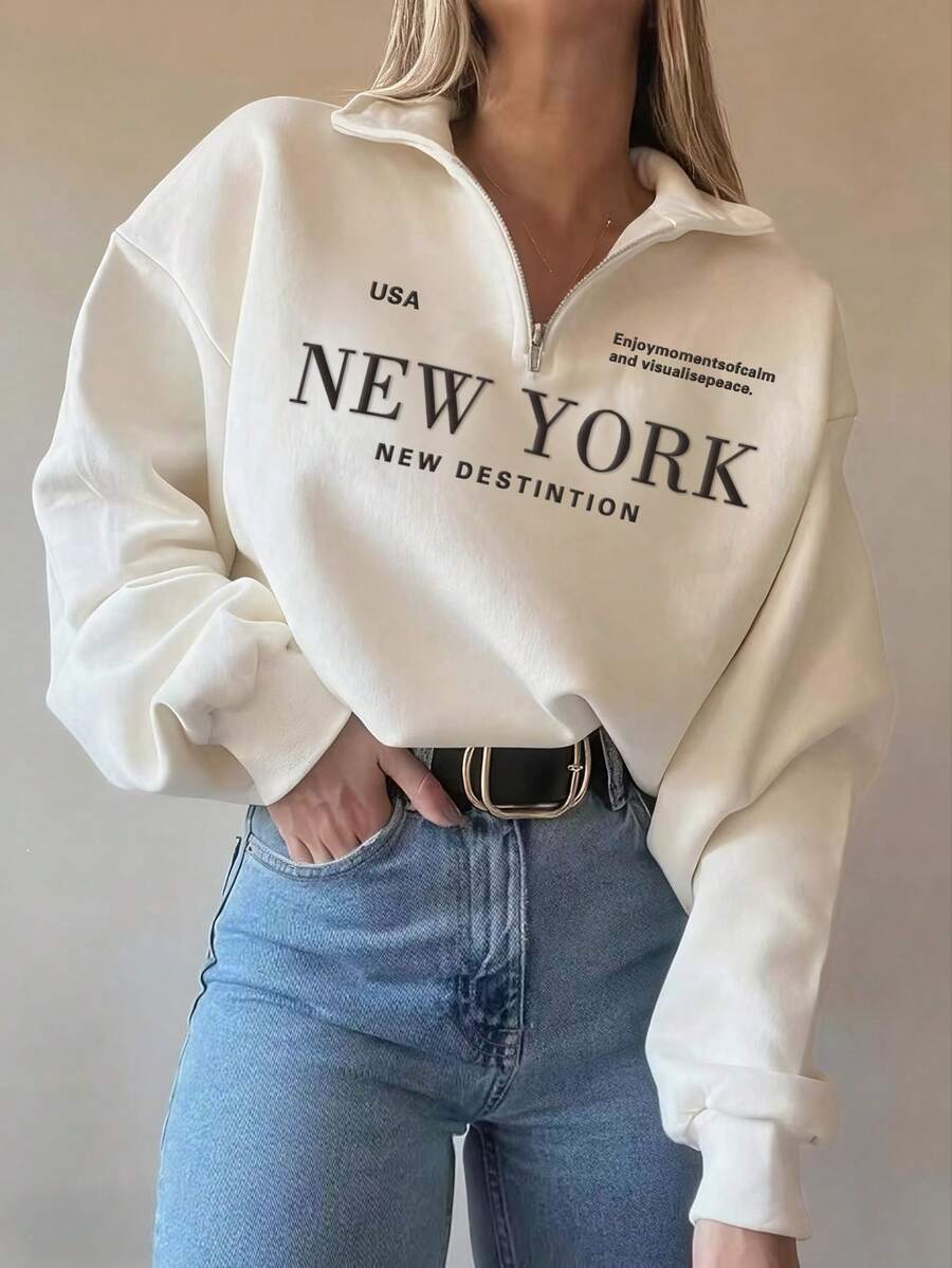 Image 3 - back view of Stylish Logo Long Sleeve Sweatshirt with Turndown Collar in Navy Blue for Autumn Fashion