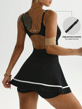 black adjustable strap active mini dress with white trim, open back, flared skirt and built in shorts image 4