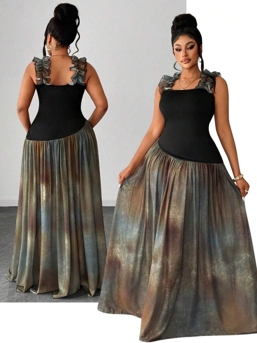 Image 1 - front view of Chic Plus Size Sleeveless Color Block Dress for Effortless Summer Style