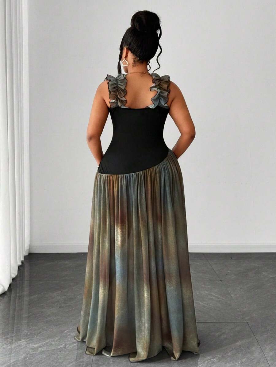 Image 1 - front view of Chic Plus Size Sleeveless Color Block Dress for Effortless Summer Style