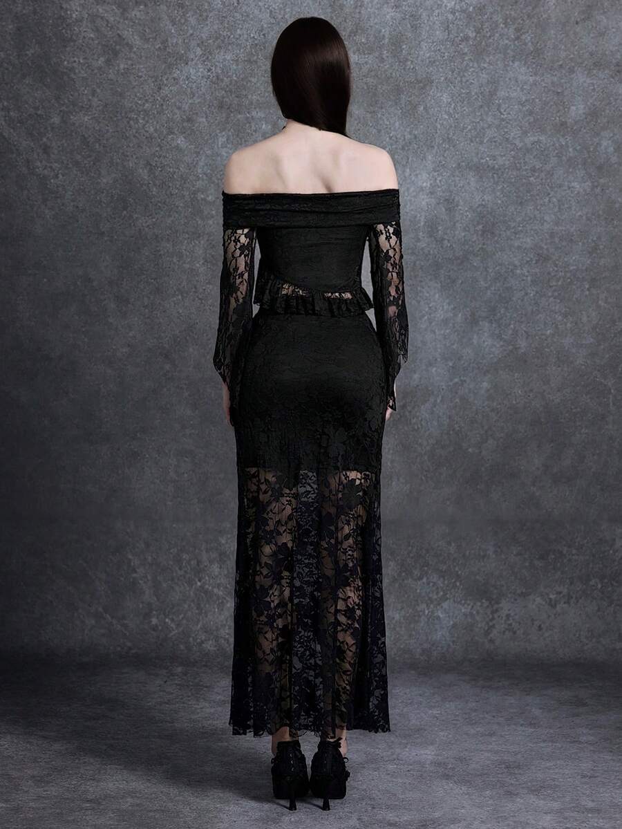 Front view of black gothic off shoulder lace top and long skirt two piece set