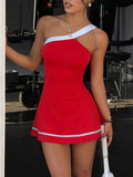 one shoulder tennis sports mini dress with built-in shorts, side pocket, contrast trim, backless cut and flared skirt image 18