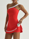 one shoulder tennis sports mini dress with built-in shorts, side pocket, contrast trim, backless cut and flared skirt image 19