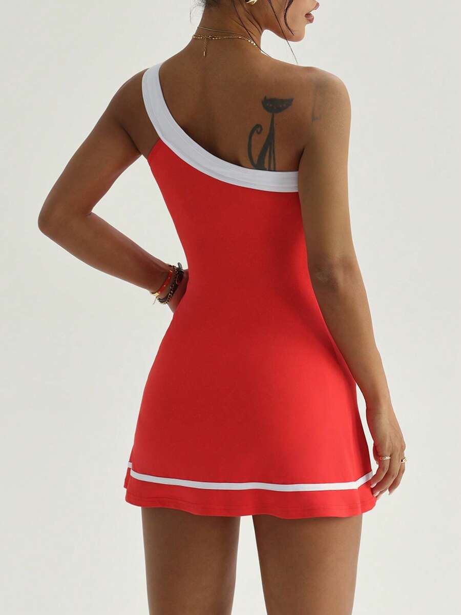 one shoulder tennis sports mini dress with built-in shorts, side pocket, contrast trim, backless cut and flared skirt image 20