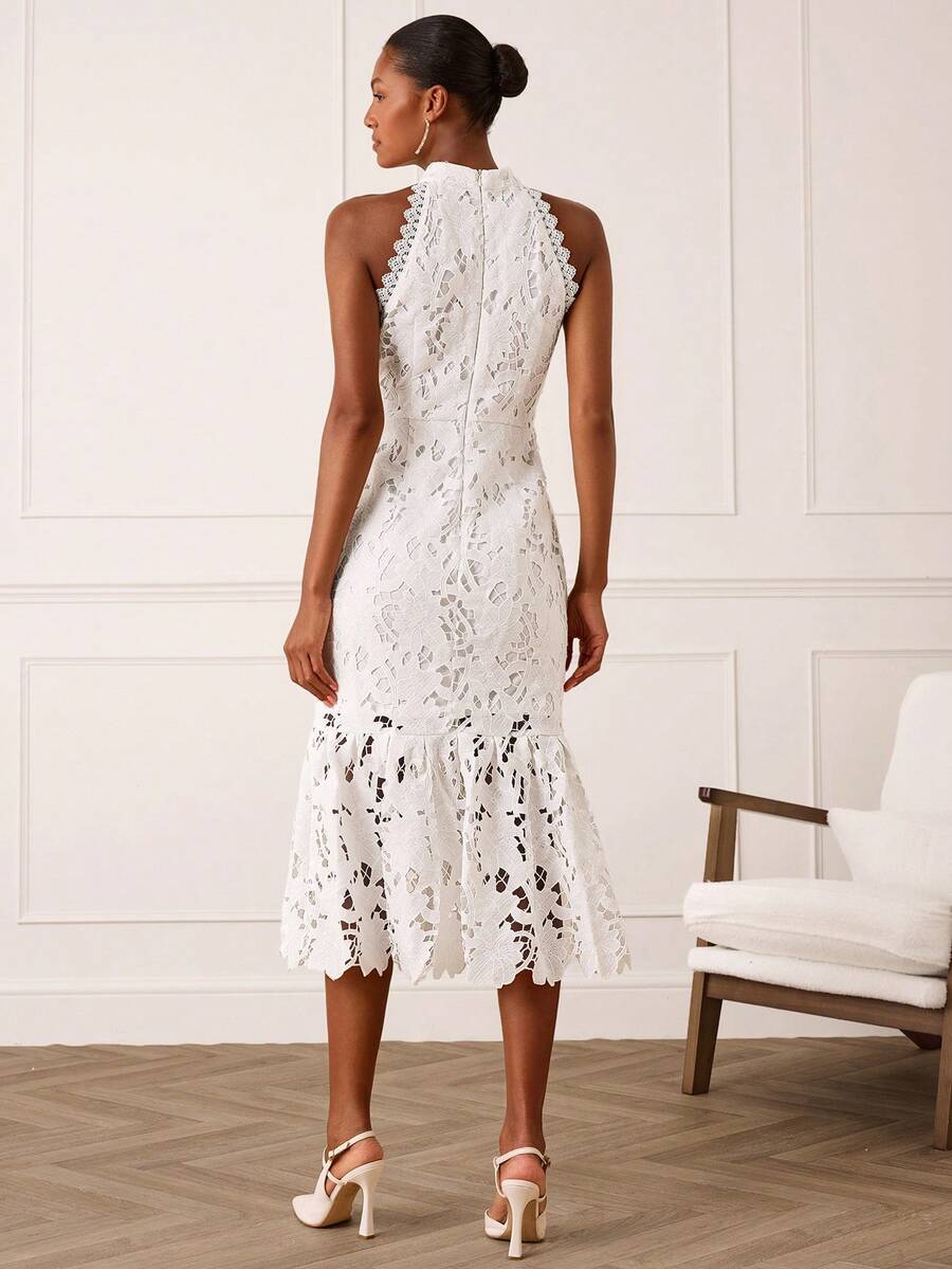 Elevate your wardrobe with this sophisticated sleeveless midi dress featuring an eye-catching hollow-out design. Crafted from 100% polyester knit fabric, this elegant piece showcases a flattering bodycon silhouette with a stand collar and flounce hem detail. The mid-waist cut and fitted construction create a polished look perfect for vacations, celebrations, and special occasions. A discreet zipper closure ensures easy wear, while the lined construction provides comfort throughout the day. Available in a wa