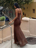 42 media show strappy mesh maxi dress in solids and prints with deep plunge V, front bead connector, ruffle trim, ruched bodice and hips, thigh slit, sheer flared lower skirt, low straight back, adjustable spaghetti straps. image 40