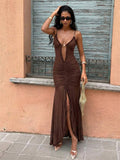 42 media show strappy mesh maxi dress in solids and prints with deep plunge V, front bead connector, ruffle trim, ruched bodice and hips, thigh slit, sheer flared lower skirt, low straight back, adjustable spaghetti straps. image 42