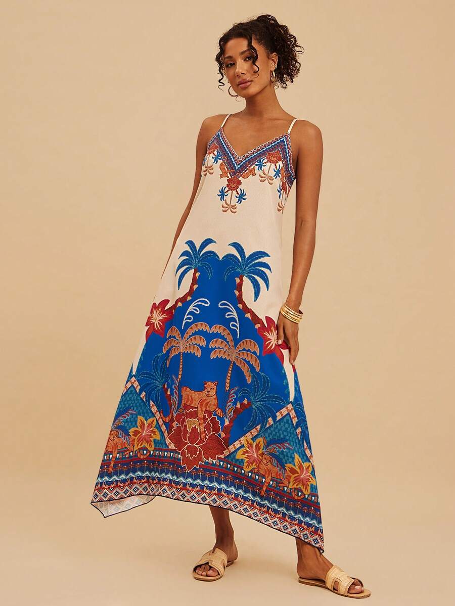 Embrace effortless elegance with this stunning floral sleeveless summer dress. Featuring delicate embroidery and a charming boho aesthetic, the spaghetti strap neckline and asymmetrical hem create a flattering silhouette perfect for any occasion. The A-line cut with natural waistline offers comfortable, regular fit styling that moves beautifully throughout your day. Crafted from premium woven fabric—96% polyester and 4% elastane—this dress delivers durability and subtle stretch for all-day comfort. 