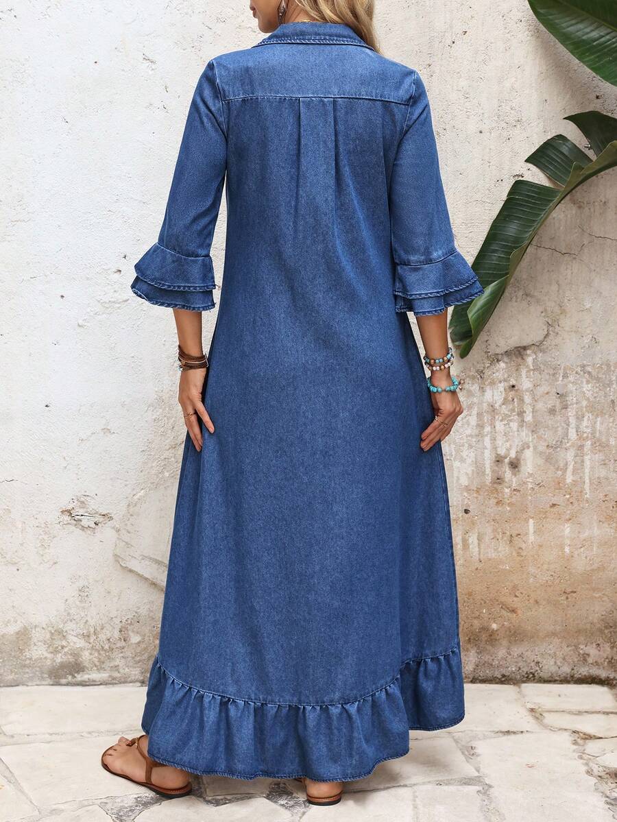 Front view of blue denim shirt dress with collar buttons bell sleeves and ruffle hem