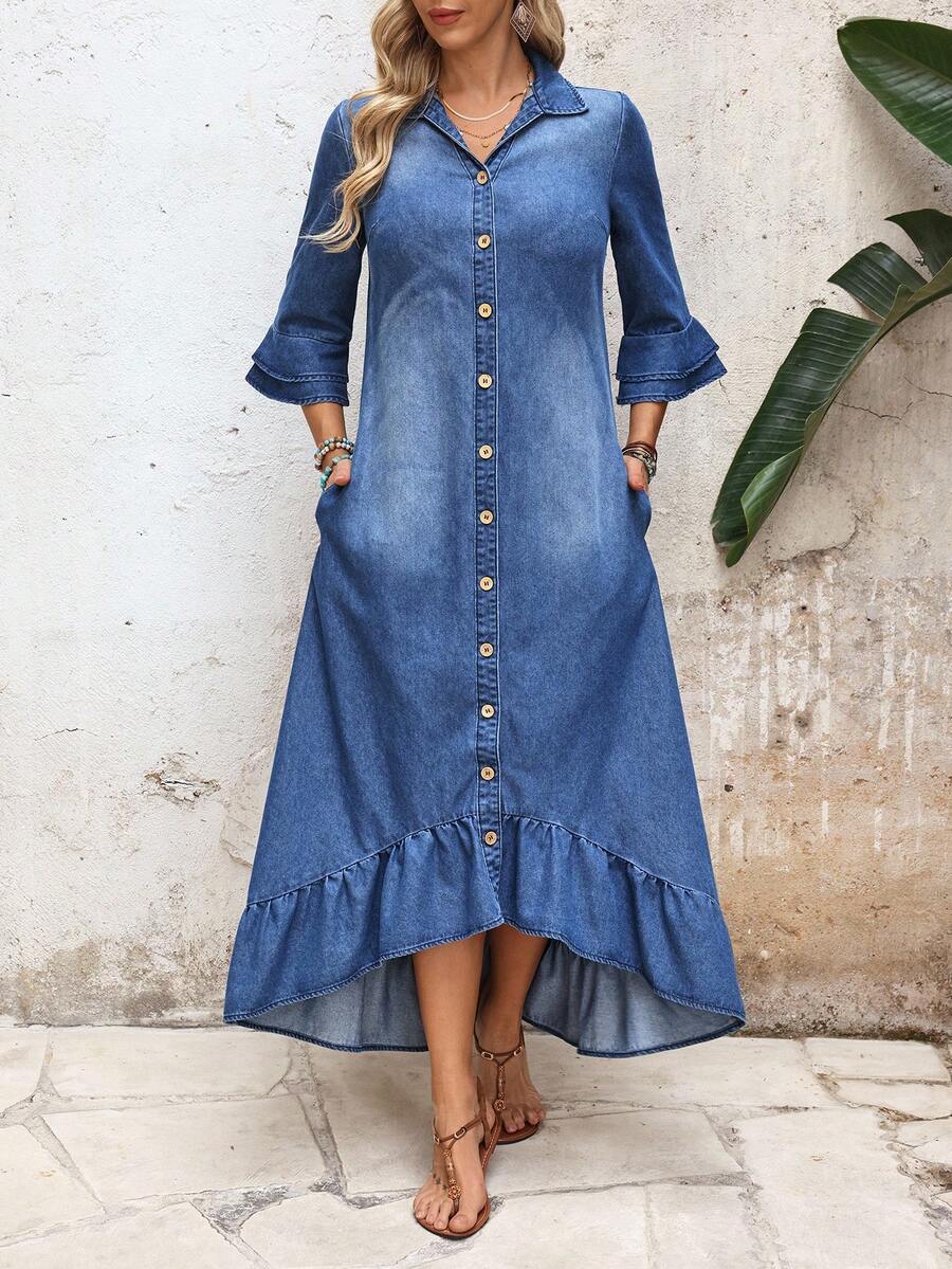 Front view of blue button front denim dress with pockets and high low hem