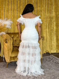 Side profile of Plus Size Women's Bohemian Sheer Off-Shoulder Dress for Spring and Summer - Perfect for Festivals, Casual Occasions, and Beach Vacations in White color