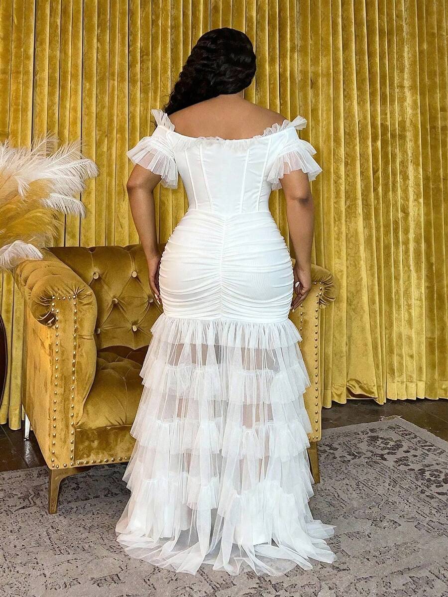 Side profile of Plus Size Women's Bohemian Sheer Off-Shoulder Dress for Spring and Summer - Perfect for Festivals, Casual Occasions, and Beach Vacations in White color